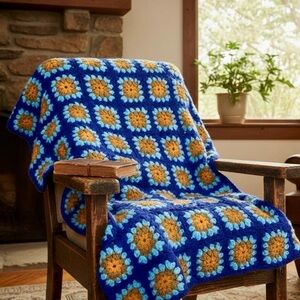 Vintage Handmade Crochet Sunflower Granny Square Afghan Throw Blanket  54”x62”